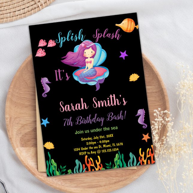 Invitaciones al cumpleaños de sirena de Black Purp (Black Purple Shell Mermaid Birthday Invitations)