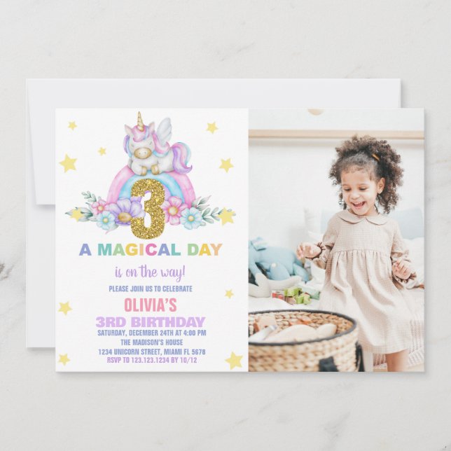 Invitaciones al cumpleaños de Star Rainbow Unicorn (Anverso)
