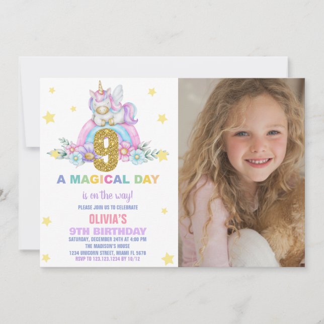 Invitaciones al cumpleaños de Star Rainbow Unicorn (Anverso)