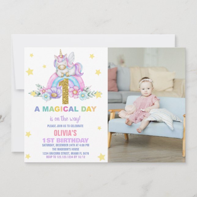 Invitaciones al cumpleaños de Star Rainbow Unicorn (Anverso)