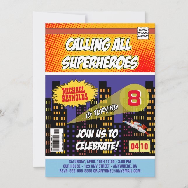 Invitaciones al cumpleaños de superhéroe de histor (Anverso)