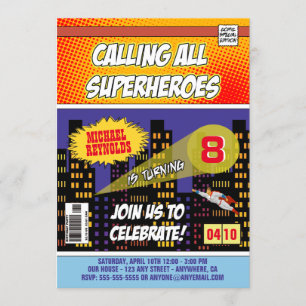 Invitaciones al cumpleaños de superhéroe de histor