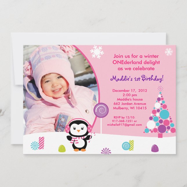 Invitaciones al cumpleaños de Winter Candy Penguin (Anverso)