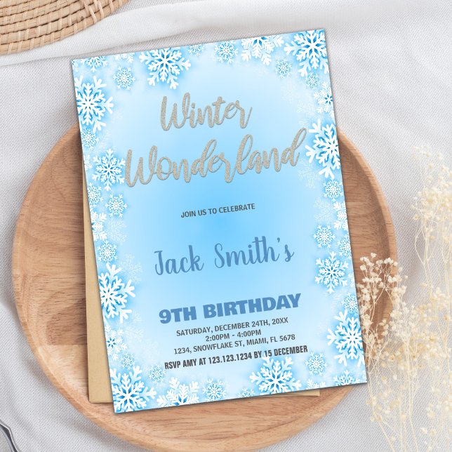 Invitaciones al cumpleaños de Winter Wonderland Az (Winter Wonderland Birthday Invitations Blue)