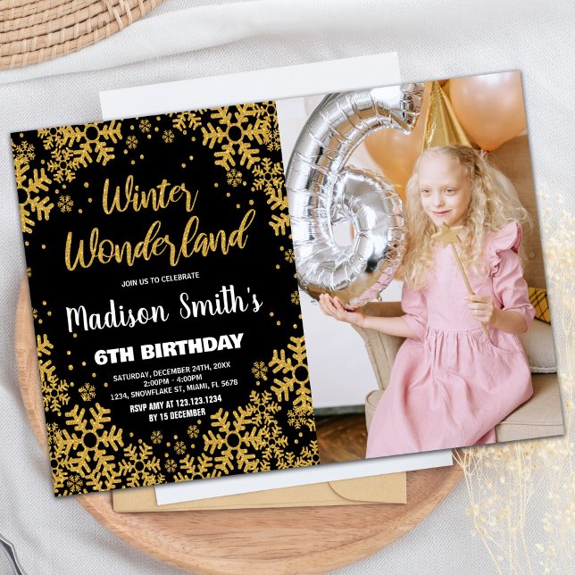 Invitaciones al cumpleaños de Winter Wonderland Fo (Winter Wonderland Birthday Invitations Black Photo)