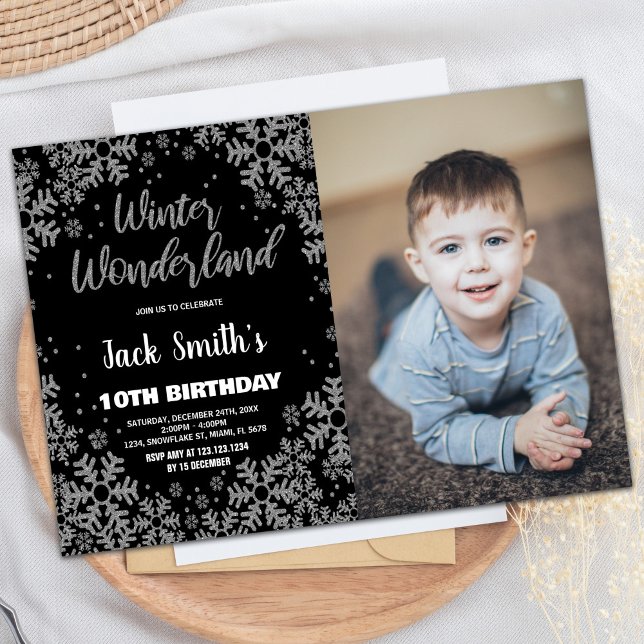 Invitaciones al cumpleaños de Winter Wonderland Fo (Winter Wonderland Birthday Invitations Black Photo)