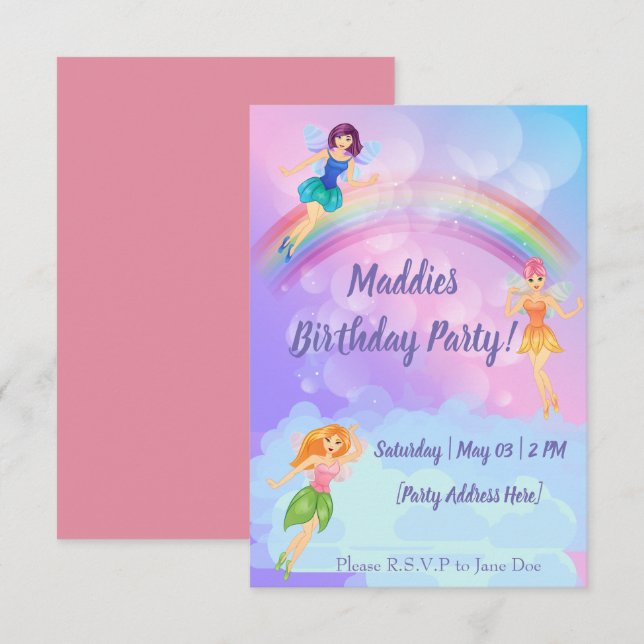 Invitaciones al cumpleaños del arco iris de hadas (Anverso / Reverso)