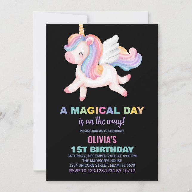 Invitaciones al cumpleaños del arcoiris de Unicorn (Anverso)