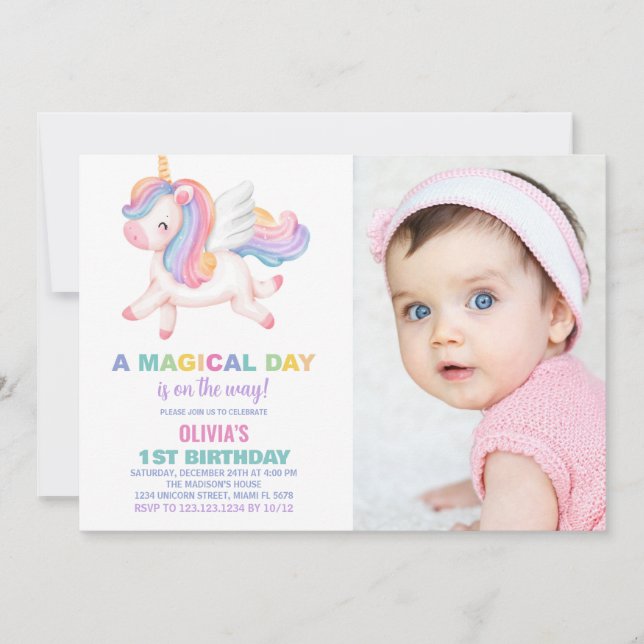 Invitaciones al cumpleaños del arcoiris de Unicorn (Anverso)