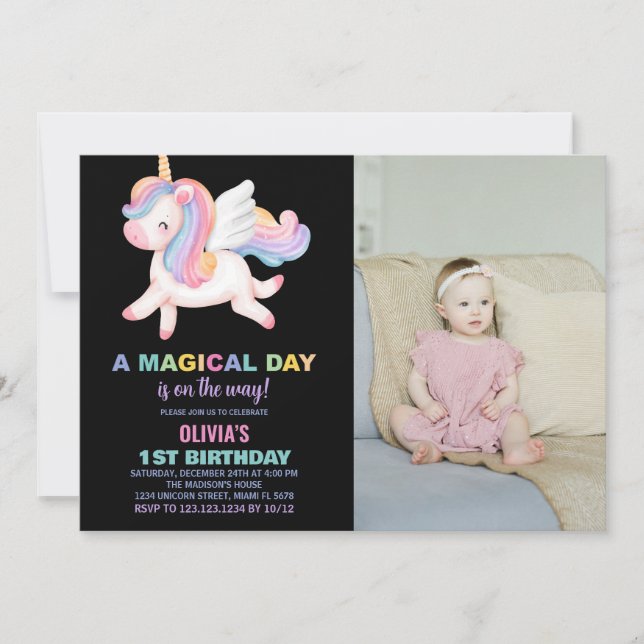 Invitaciones al cumpleaños del arcoiris de Unicorn (Anverso)
