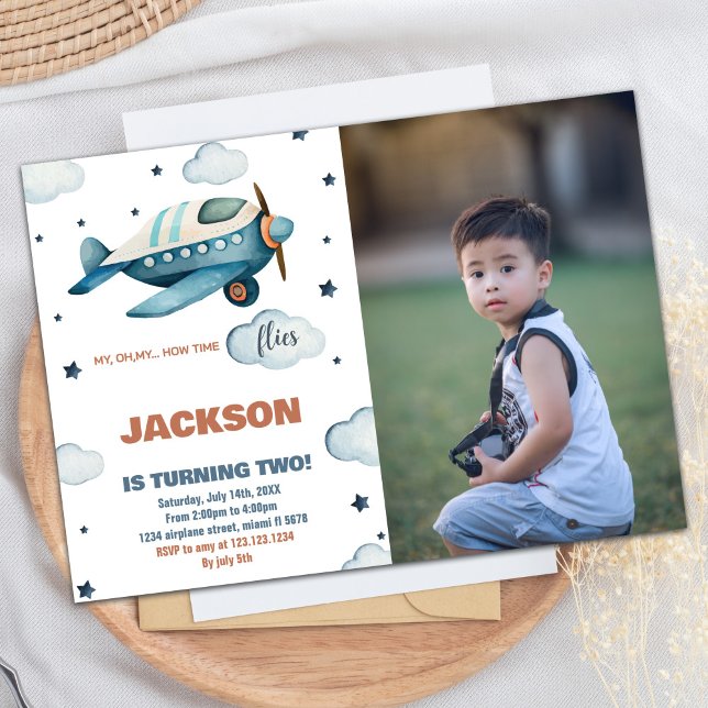 Invitaciones al cumpleaños del avión azul con foto (Airplane Birthday Invitations Blue With Photo)