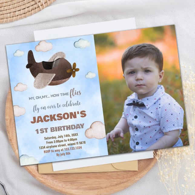 Invitaciones al cumpleaños del avión Marrón azul f (Airplane Birthday Invitations Blue Brown W Photo)