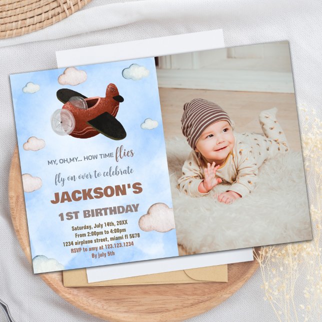 Invitaciones al cumpleaños del avión Marrón azul f (Airplane Birthday Invitations Blue Brown W Photo)