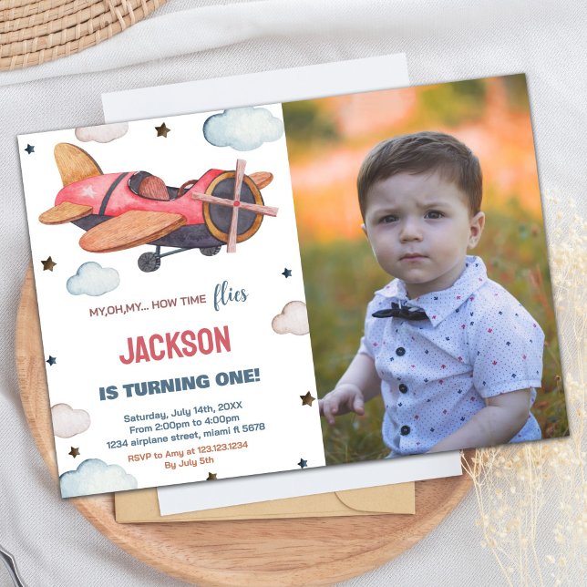 Invitaciones al cumpleaños del avión Marrón Rojo c (Airplane Birthday Invitations Red Brown with photo)