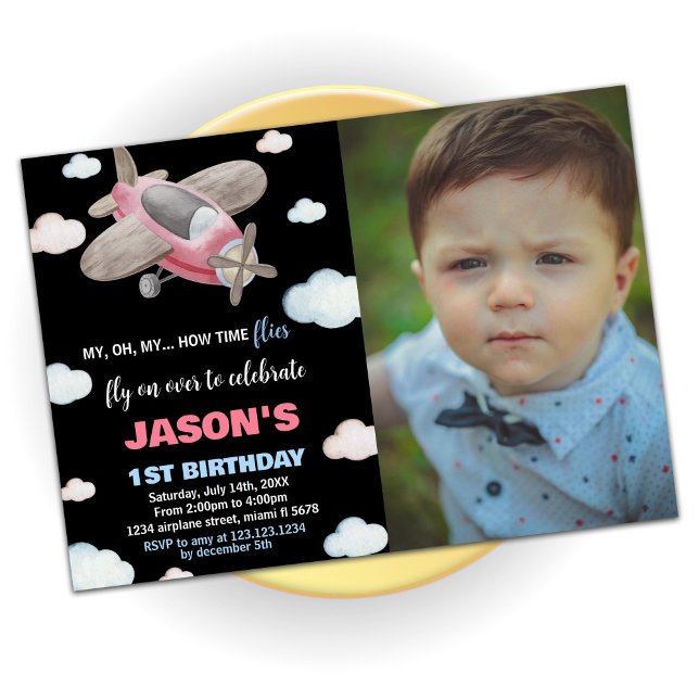 Invitaciones al cumpleaños del avión rojo con foto (Airplane Birthday Invitations Red with photo)