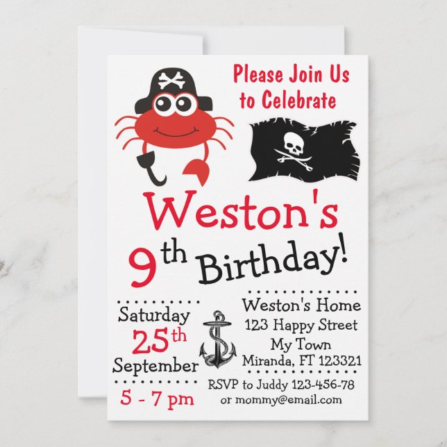 Invitaciones al cumpleaños del cangrejo pirata (Anverso)