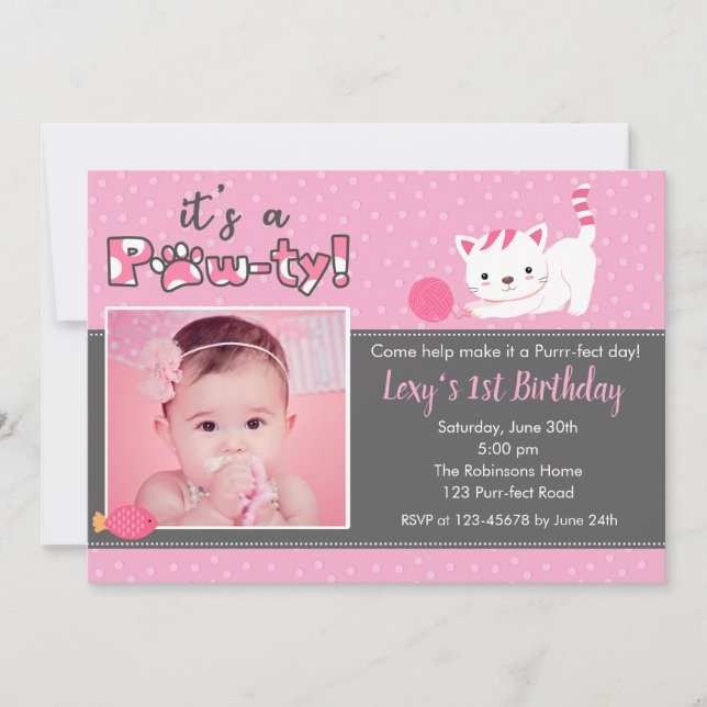 Invitaciones al cumpleaños del gato con foto (Chic (Anverso)