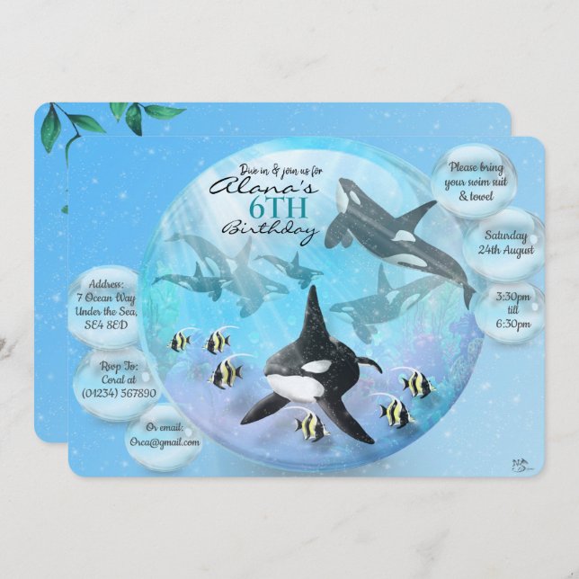 Invitaciones al cumpleaños del Globo de Nieve Orca (Anverso / Reverso)
