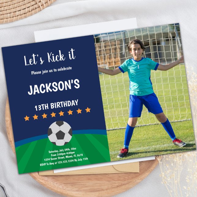 Invitaciones al cumpleaños del partido de fútbol G (Golden Stars Ball Soccer Birthday Invitations pho)