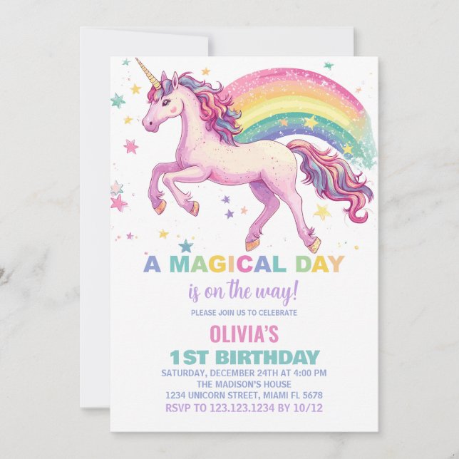 Invitaciones al cumpleaños Rainbow de Star Unicorn (Anverso)