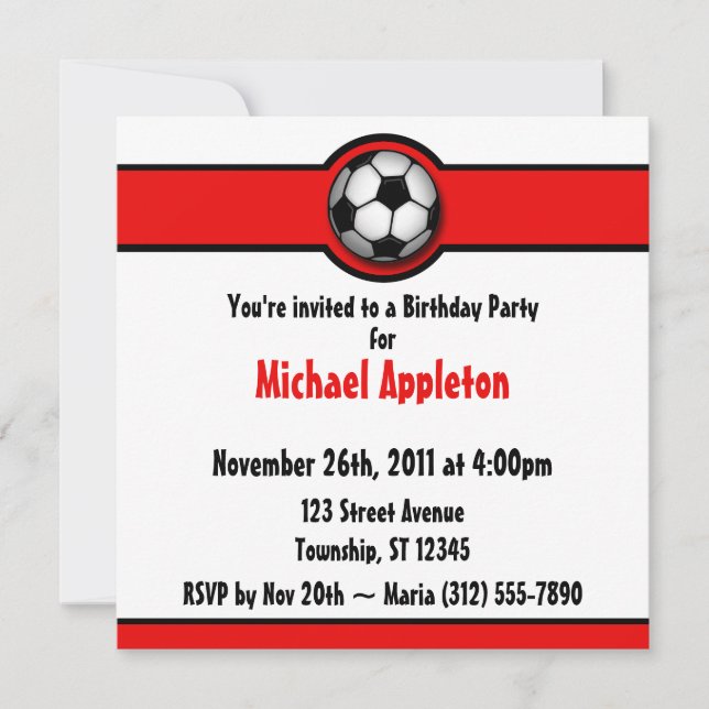 Invitaciones al cumpleaños rojo de la bola de fútb (Anverso)