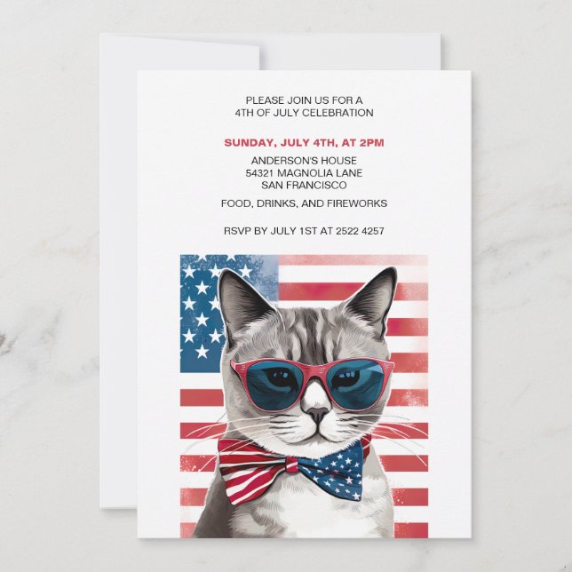 Invitaciones Al Gato Patriótico 4 De Julio (Anverso)