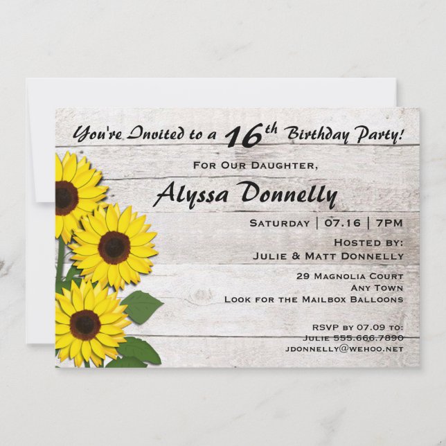 Invitaciones al girasol de la fiesta de cumpleaños (Anverso)