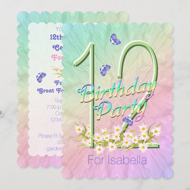 Invitaciones al jardín de flores por el 12º cumple (Anverso / Reverso)