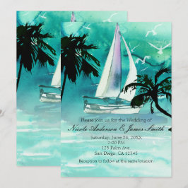 Invitaciones al mar con velero y palmeras al acuar