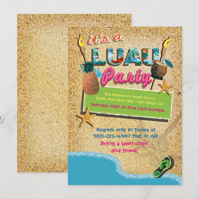 Invitaciones al Partido Tropical de Luau Beach Tik (Anverso / Reverso)