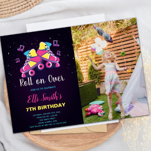 Invitaciones al patinaje amarillo rosado con foto