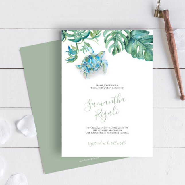 Invitaciones al Personalizable Tropical Bridal Sho (Tropical Bridal Shower Invitation Sea Turtle watercolor sea turtle, palm leaves Victoria Grigaliunas)