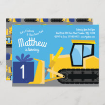 Invitaciones al primer cumpleaños del bulldozer