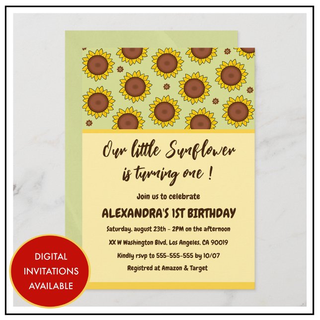 Invitaciones al primer cumpleaños del girasol lind (sunflower-1st-birthday-invitations-cute-modern-1)