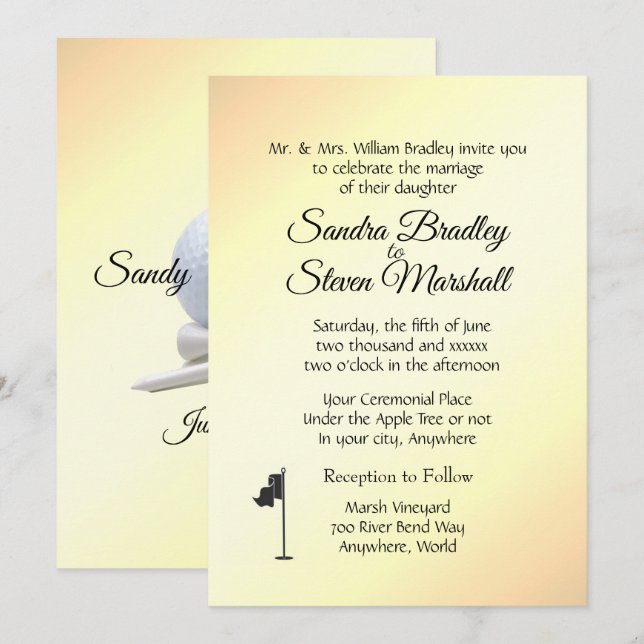 Invitaciones amarillas al tema del Boda de golf (Anverso / Reverso)