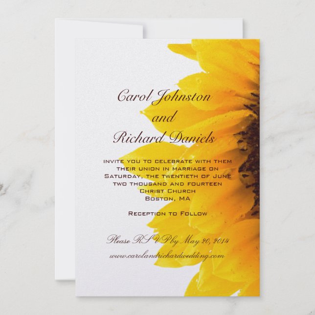 Invitaciones amarillas de la boda del girasol (Anverso)