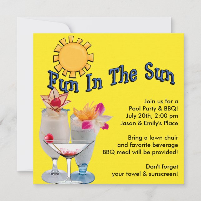 Invitaciones amarillas para fiesta de piscina de a (Anverso)