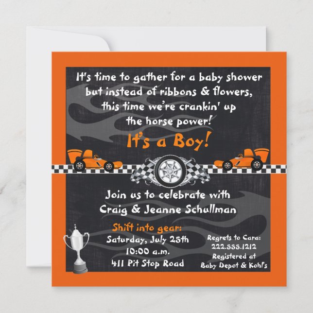Invitaciones anaranjadas de Baby Shower del coche (Anverso)