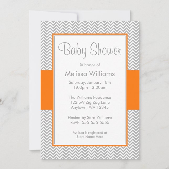 Invitaciones anaranjadas y grises de Chevron Baby (Anverso)