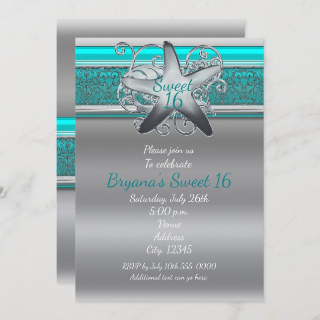 Invitaciones Aqua & Silver Starfish Beach Sweet 16 (Anverso / Reverso)