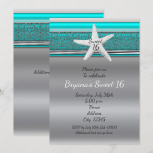 Invitaciones Aqua & Silver Starfish Beach Sweet 16