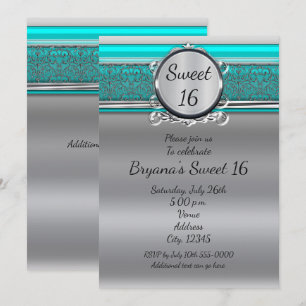 Invitaciones Aqua Turquesa Azul y Plata Sweet 16