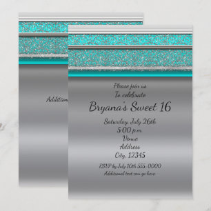 Invitaciones Aqua Turquesa Azul y Plata Sweet 16