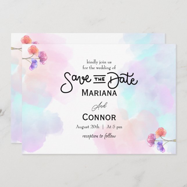 Invitaciones artísticas a la boda rosa y azul (Anverso / Reverso)