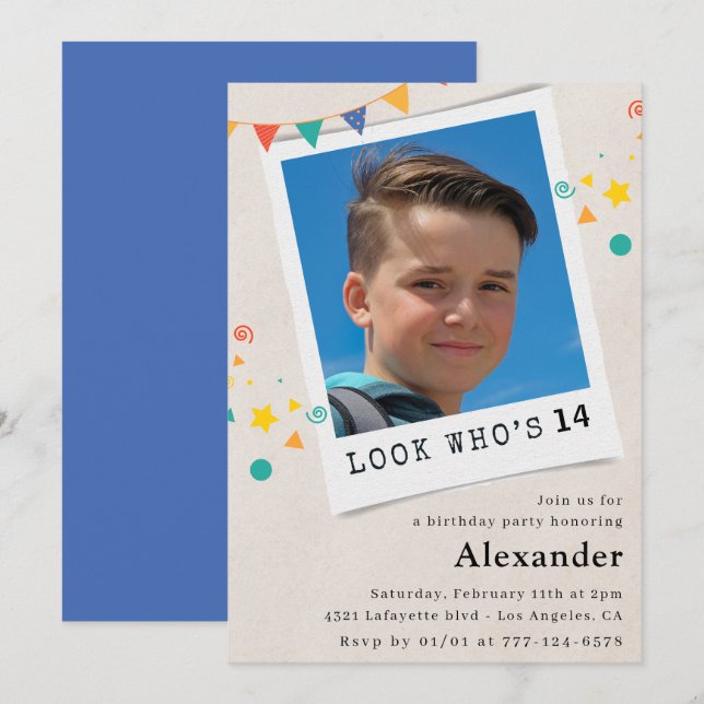 Invitaciones azules con foto para cumpleaños 14 se (Anverso / Reverso)