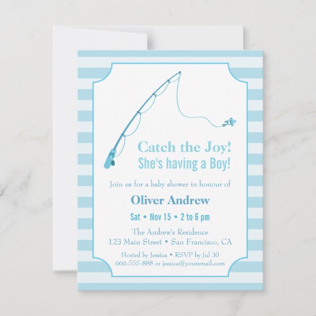 Invitaciones azules de baby shower con tema de pes (Anverso)