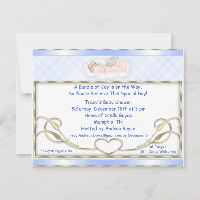 Invitaciones azules de Baby Shower del ángel el (Anverso)