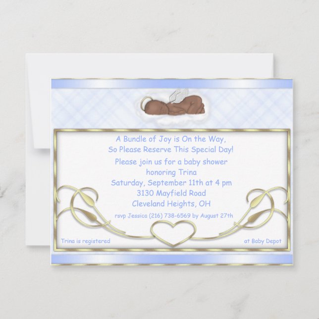 Invitaciones azules de Baby Shower del ángel el (Anverso)