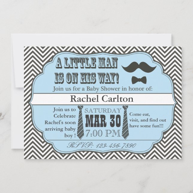 Invitaciones azules de Baby Shower del bigote y (Anverso)