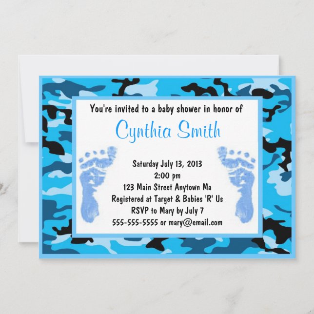 Invitaciones azules de Baby Shower del camuflaje (Anverso)